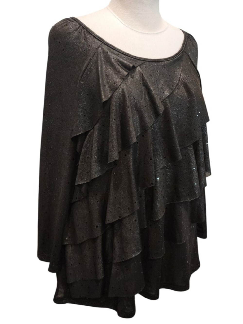 Notations Woman 1X Black Sparkle Ruffle Blouse Long Sleeve Glitter Party Top 1XL